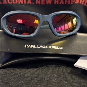 Karl Lagerfeld Matte Blue Frame Sunglasses with Pink-Gold Mirrored Lenses